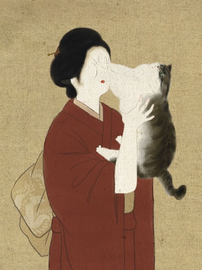 Japanese artist blending traditional painting styles with modern elements showing a woman in kimono holding a cat.