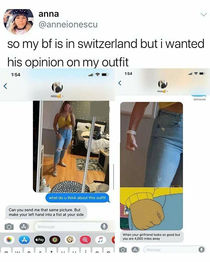 Text conversation showing a girlfriend sharing outfit photos for a serotonin boost while her boyfriend is 4,000 miles away.