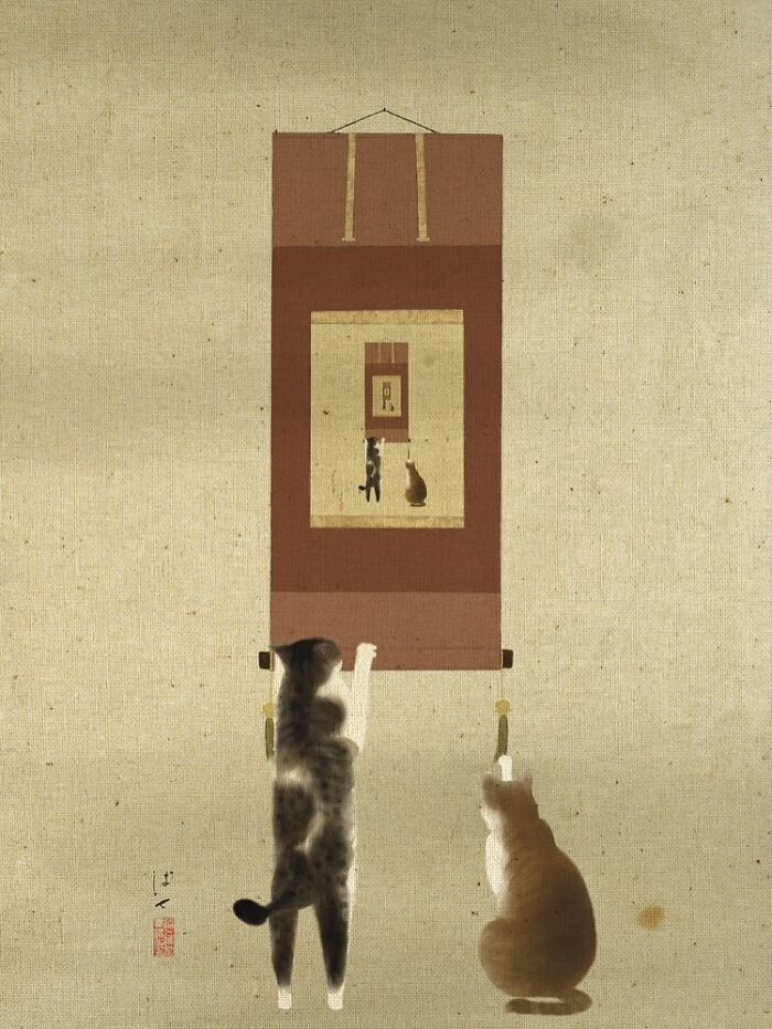 Two cats reaching towards a traditional Japanese hanging scroll in a modern interpretation of traditional painting styles.