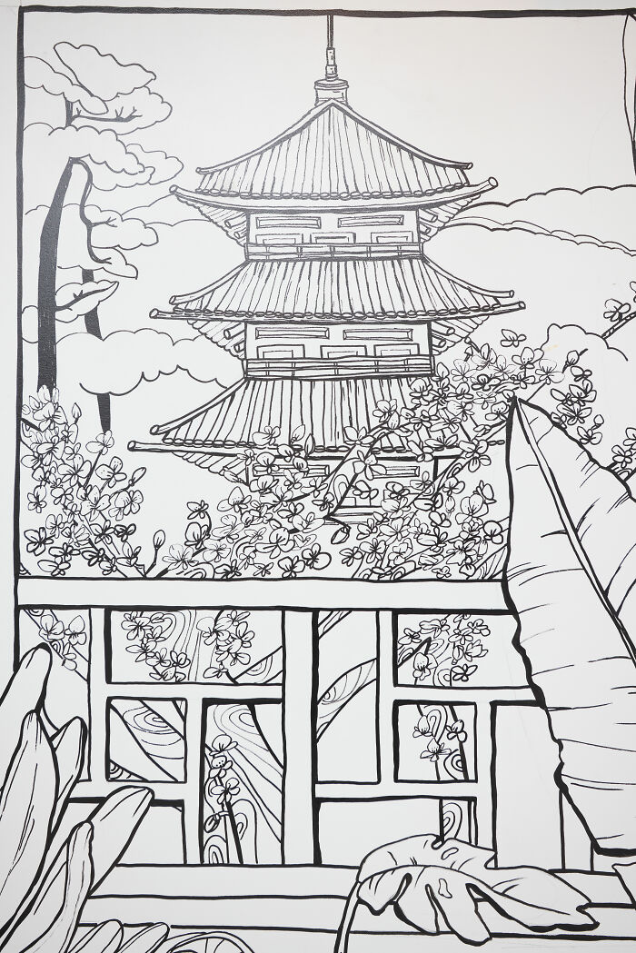 Black and white 2D drawing of a Japanese pagoda surrounded by trees and flowers, creating a flat restaurant illusion in NYC. Black and white 2D drawing of a Japanese pagoda surrounded by trees and flowers, creating a flat restaurant illusion in NYC.