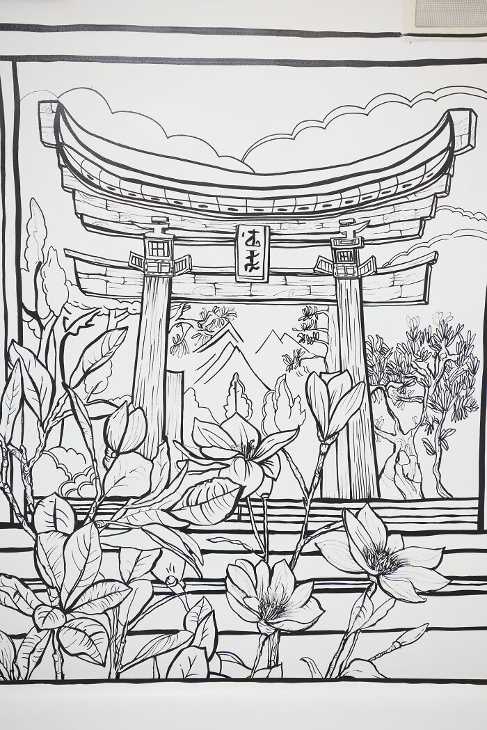 Black and white 2D drawing of a traditional Japanese torii gate and flowers inside a NYC restaurant. Black and white 2D drawing of a traditional Japanese torii gate and flowers inside a NYC restaurant.