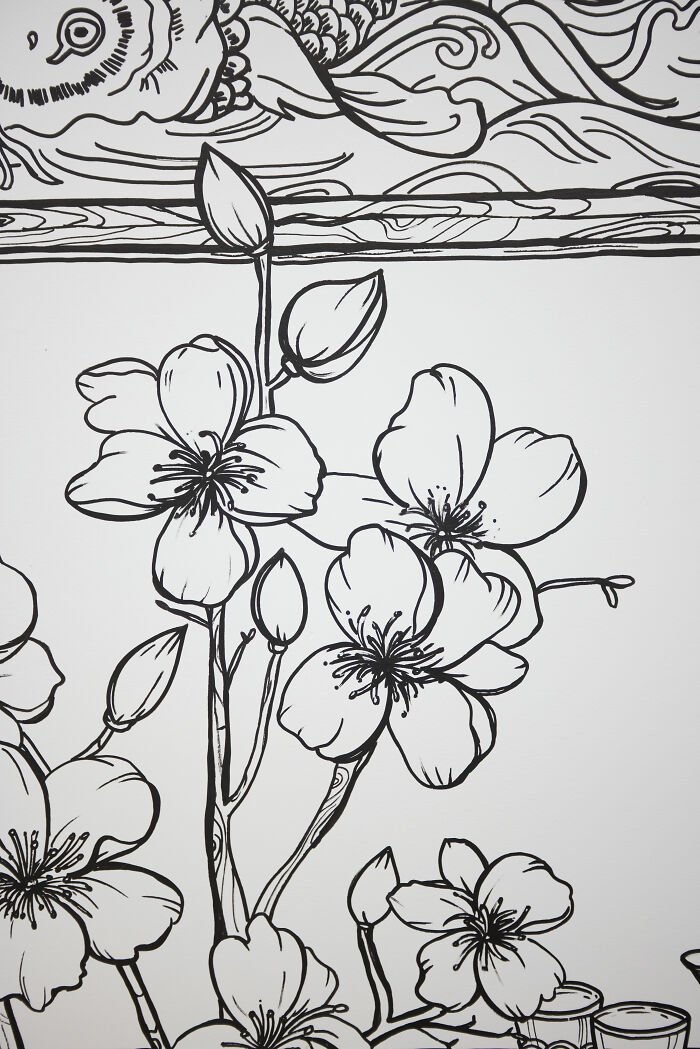 Black and white 2D drawing of flowers and fish in a NYC restaurant creating a flat, illustrated atmosphere. Black and white 2D drawing of flowers and fish in a NYC restaurant creating a flat, illustrated atmosphere.