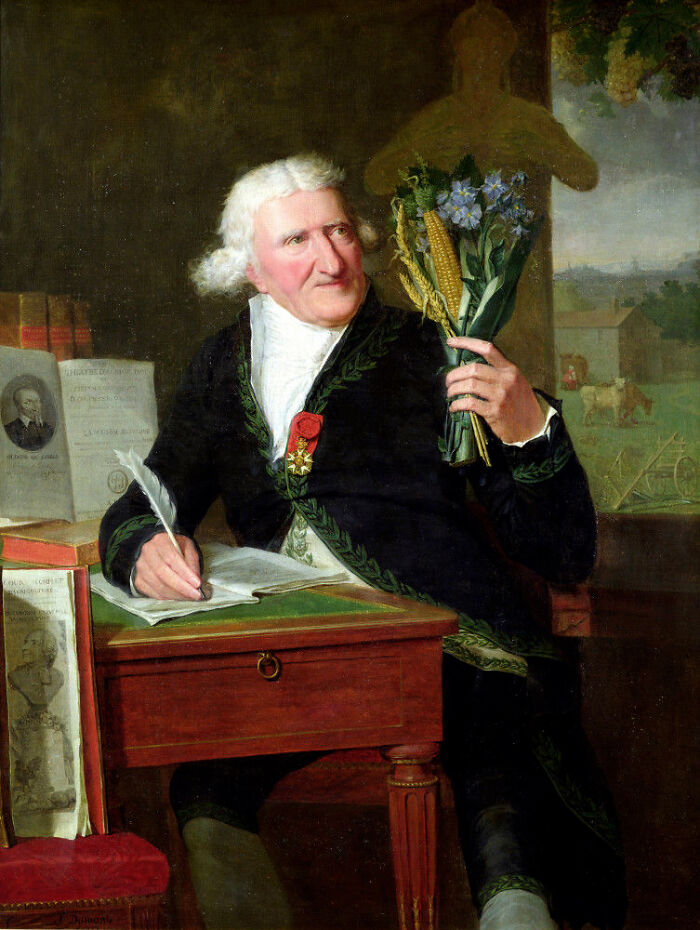 18th-century man writing with quill while holding flowers, illustrating funny historical events and moments from history.