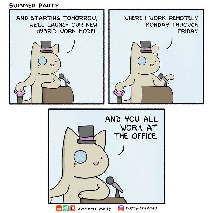 Cartoon cat in a top hat delivering a funny, relatable comic about hybrid work models in a silly and smart style.