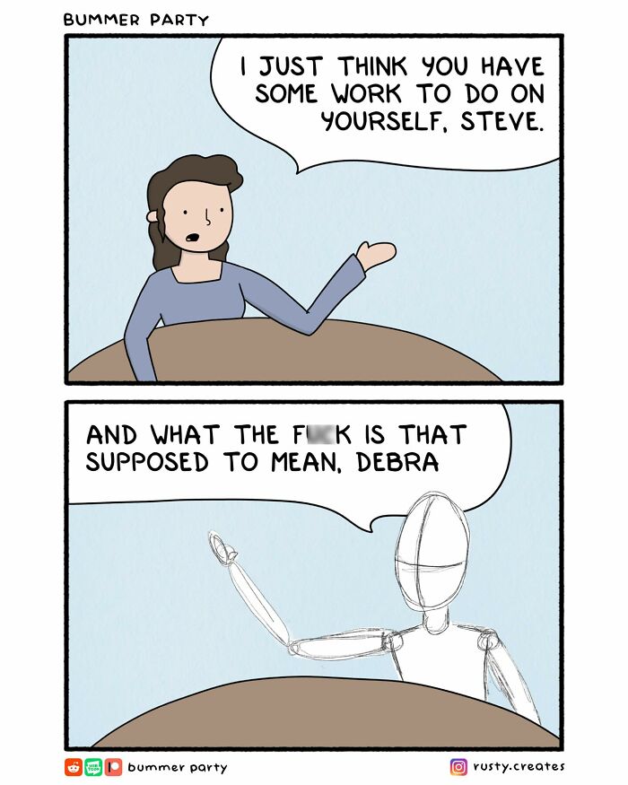 Two-panel funny comic showing a woman and a sketch figure having a relatable conversation about self-improvement.