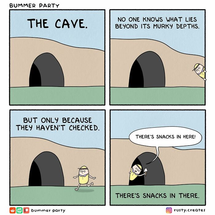 Comic strip showing a character discovering snacks inside a mysterious cave, illustrating funny and relatable moments.