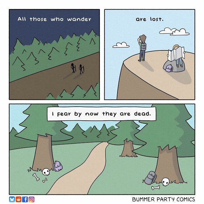 Funny comics showing hikers lost in the woods with a dark twist, illustrating silly and relatable humor in the outdoors.