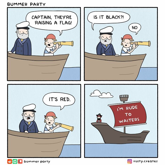 Funny comic strip showing a captain and crew spotting a red flag with a humorous message on a pirate ship sail.