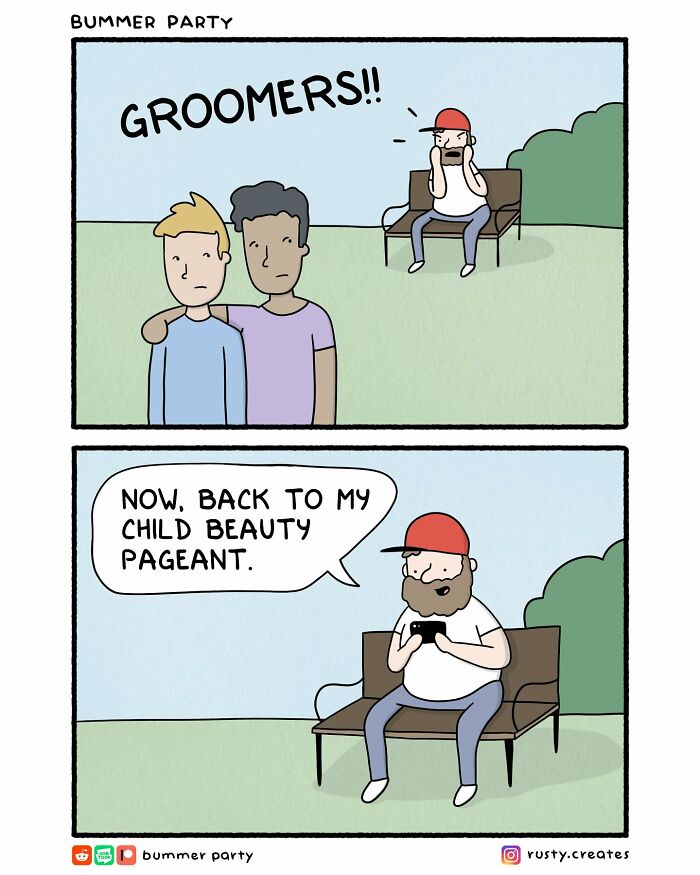 Two-panel funny comic showing a man accusing two boys of being groomers, then returning to his phone.