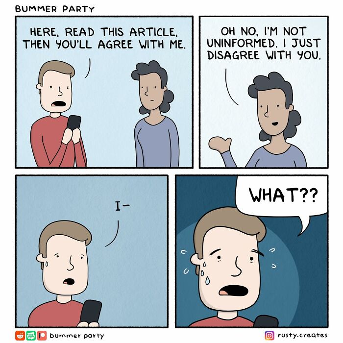 Comic strip showing two people debating, highlighting funny comics that are silly, smart, and totally relatable moments.