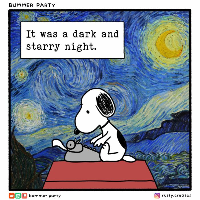 Silly and smart funny comic featuring a dog typing under a dark and starry night background.