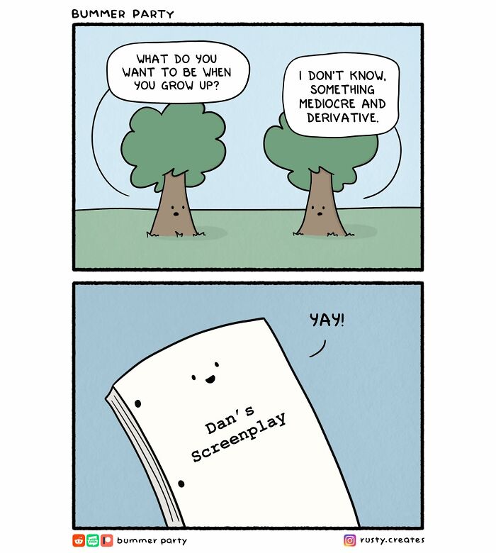 Two trees discuss future careers in a funny comic, followed by a happy screenplay character, illustrating relatable humor.