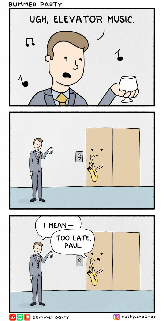 Man complaining about elevator music while an elevator plays saxophone in a funny comic strip.