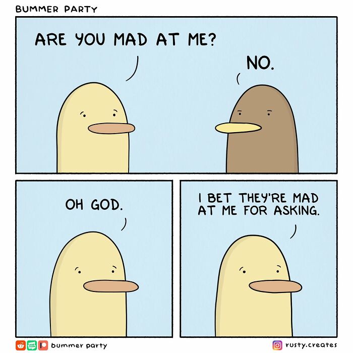 Funny comics featuring simple bird characters with awkward, relatable conversations about emotions and misunderstandings.