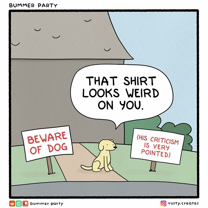 Funny comic showing a dog delivering a pointed criticism about a shirt, featuring relatable humor in a simple cartoon style.