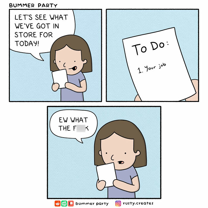Comic strip showing a woman humorously reacting to a to-do list with only one task: your job, illustrating funny comics relatability.