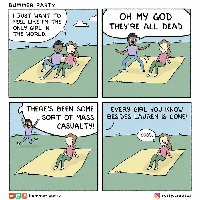 Comic strip showing two people on a blanket with silly and smart dialogue, capturing funny comics relatable moments.