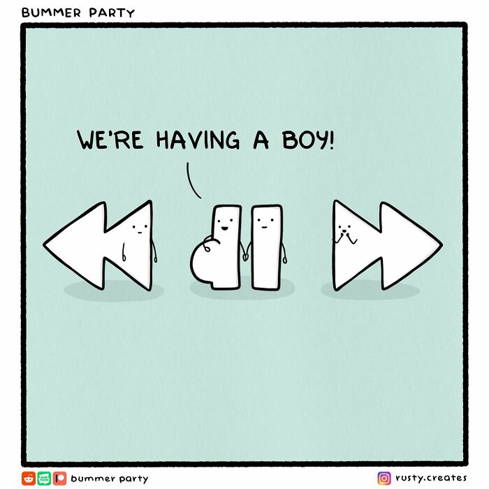 Funny comic featuring cartoon arrows and rectangles announcing the arrival of a baby boy in a silly and relatable style.
