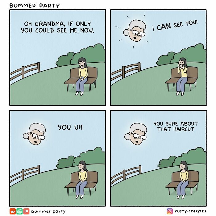 Comic strip shows a woman on a bench talking to her grandma’s floating head, featuring funny and relatable comic humor.