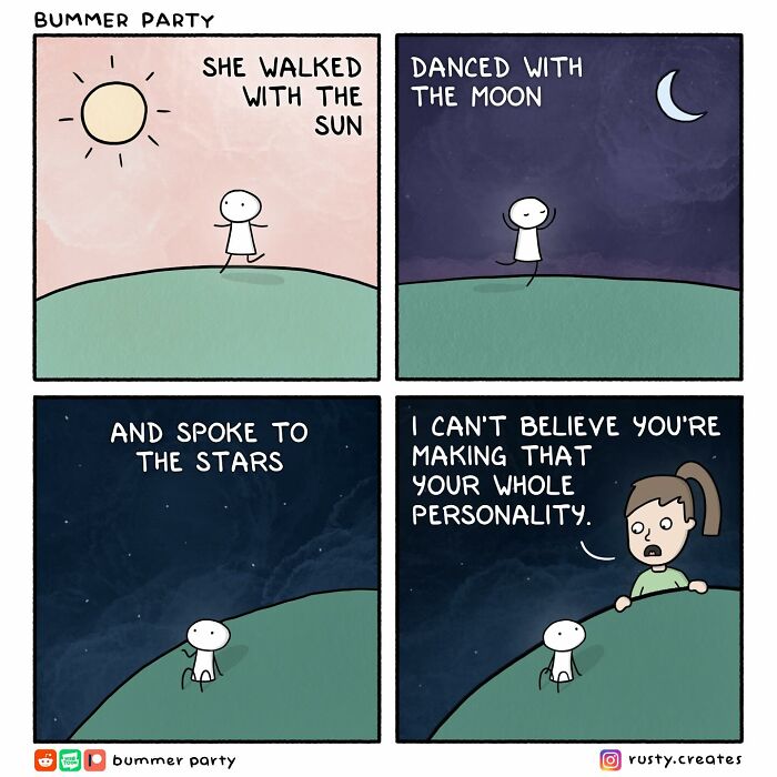 Simple funny comic with stick figures talking about sun, moon, stars, and personality in a silly relatable style.
