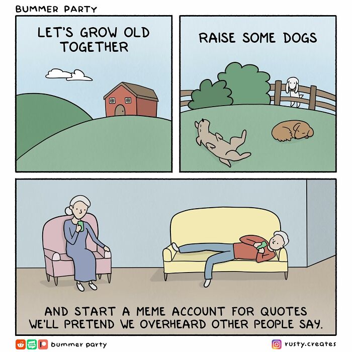 Cartoon comic with older couple planning to grow old, raise dogs, and start a meme account, highlighting funny relatable moments.