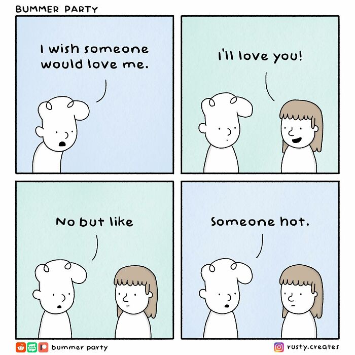 Funny comics showing a simple love conversation between two characters with silly and relatable humor in four panels.