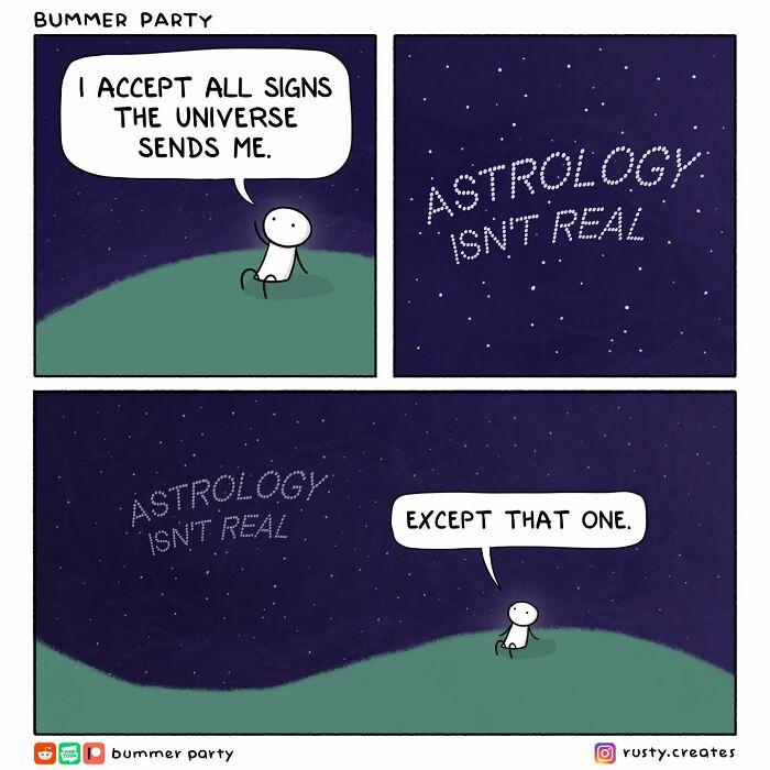 Comic strip showing a character humorously interacting with stars forming funny, smart, and relatable messages about astrology.