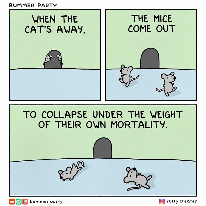 Funny comic showing mice leaving a hole and collapsing, illustrating silly, smart, and relatable humor in comics.