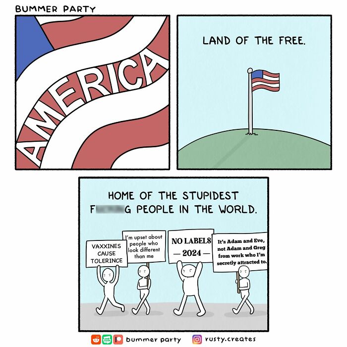 Funny comics depicting satirical social commentary with relatable and silly characters holding signs on America.