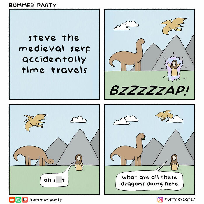 Comic strip featuring a medieval s**f time traveling, combining funny comics with silly and smart humor elements.