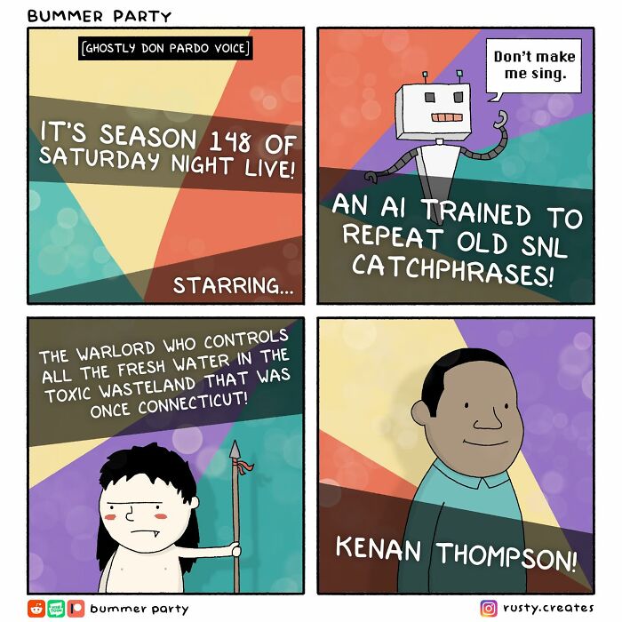 Funny comics featuring a robot and characters in a colorful, relatable cartoon style with smart and silly humor.