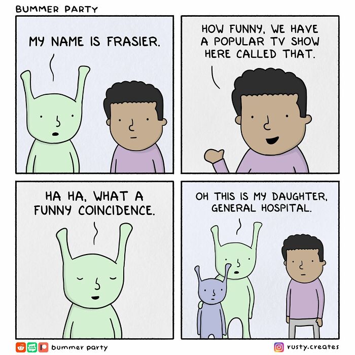 Funny comic strip featuring quirky characters in a silly and relatable situation with smart, humorous dialogue.