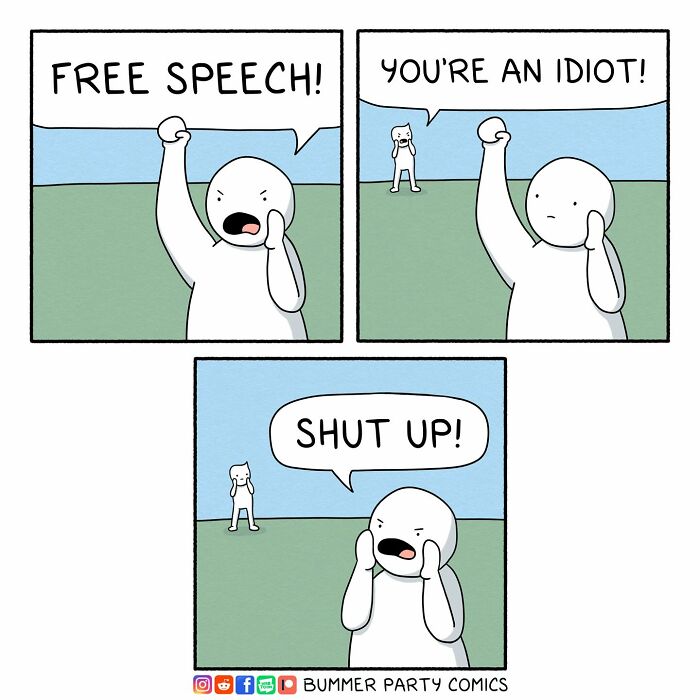 Funny comics showing two characters shouting phrases like free speech, you're an idiot, and shut up in a simple outdoor setting.