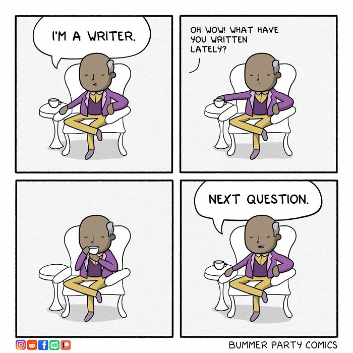 Comic strip of a writer in a chair humorously avoiding questions, highlighting funny comics that are silly, smart, and relatable.