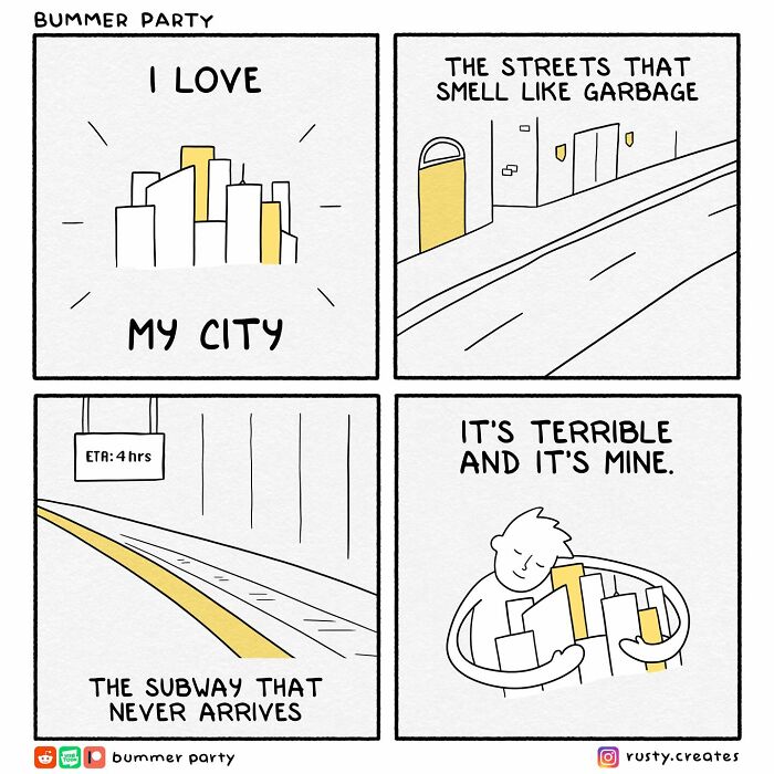 Funny comics comic strip showing a person embracing their terrible but beloved city with silly and relatable humor.