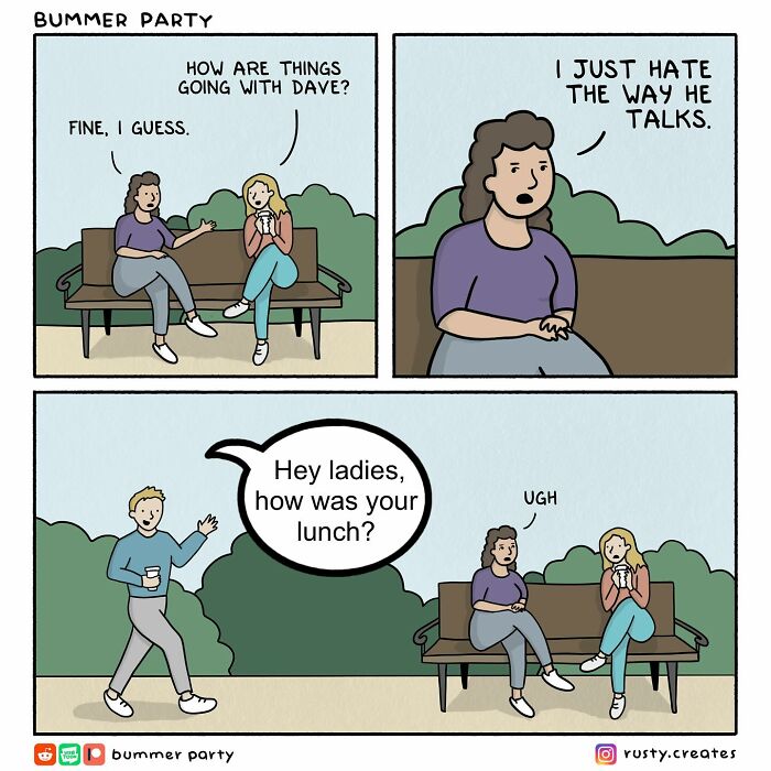 Two women sitting on a bench in a funny comic about relatable social awkwardness and silly conversations.