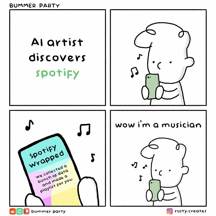 Simple funny comic strip showing a character discovering Spotify Wrapped and feeling like a musician.