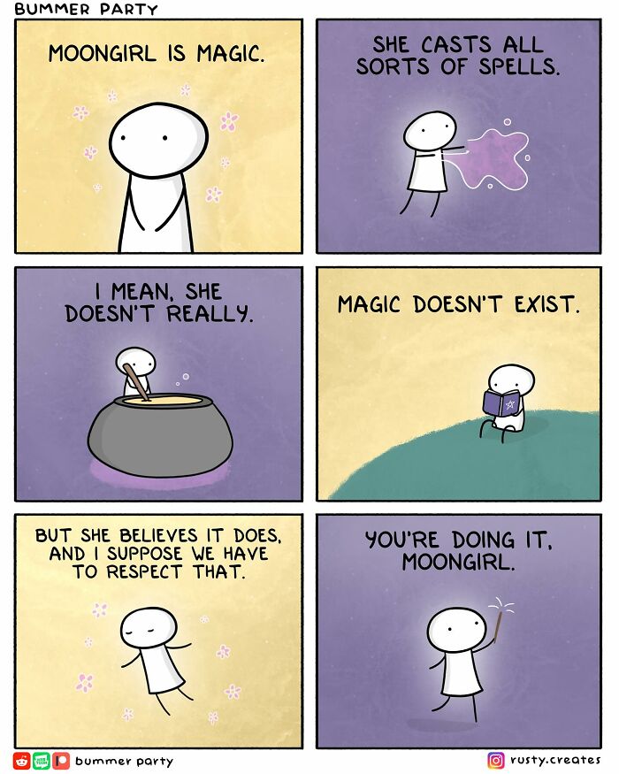 Simple stick figure comic panels exploring magic and belief, showcasing funny comics that are smart and relatable.