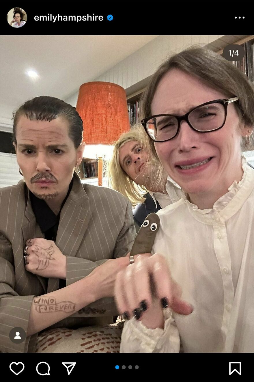 Three celebrities in quirky Halloween costumes, showing unconventional and humorous costume choices with exaggerated expressions.