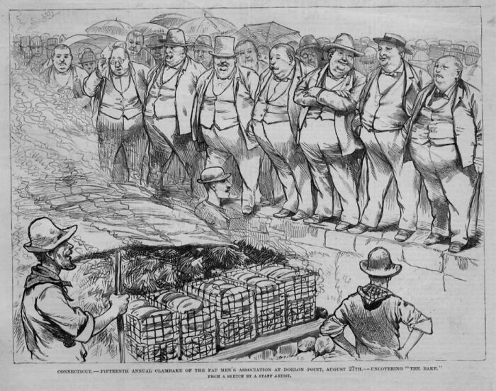 Black and white vintage illustration of men observing a large clam bake pit, depicting a historical event involving rabbits and Napoleon.