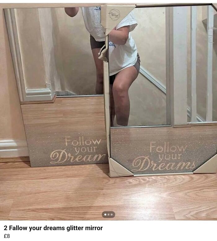 Person's reflection showing legs and torso in a glitter mirror with the text Follow your Dreams displayed twice.