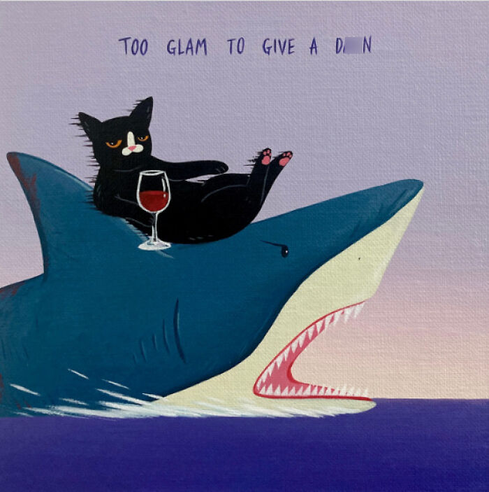 Black cat lounging on a shark holding a glass of wine, humorous illustration inspired by funny responses to how are you. Black cat lounging on a shark holding a glass of wine, humorous illustration inspired by funny responses to how are you.
