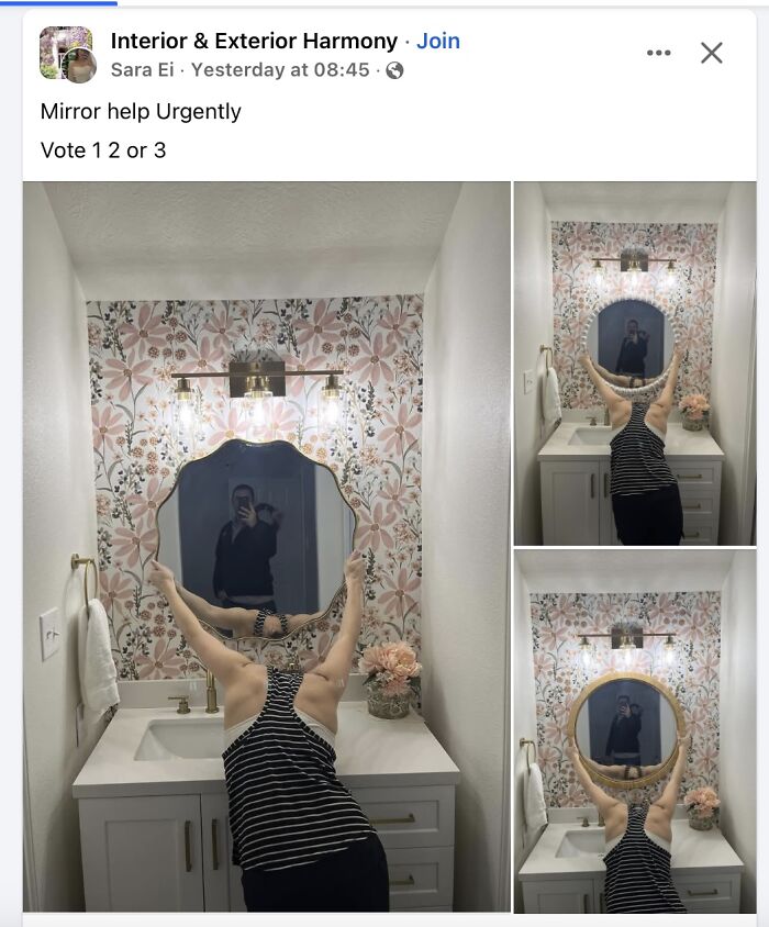 Person posing creatively with a bathroom mirror showing the reflection that humorously sells the mirror design.