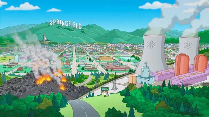 Animated view of the famous imaginary world Springfield with a power plant and volcanic activity in the background.