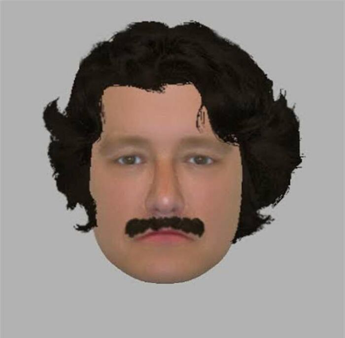Unrealistic police sketch of a man with curly hair and a thick mustache, resembling a bad caricature drawing.