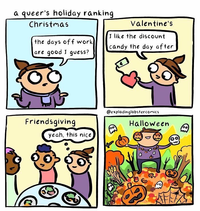 Comic panels showing a character's holiday ranking with Halloween bringing cozy autumn energy and Halloween laughs.