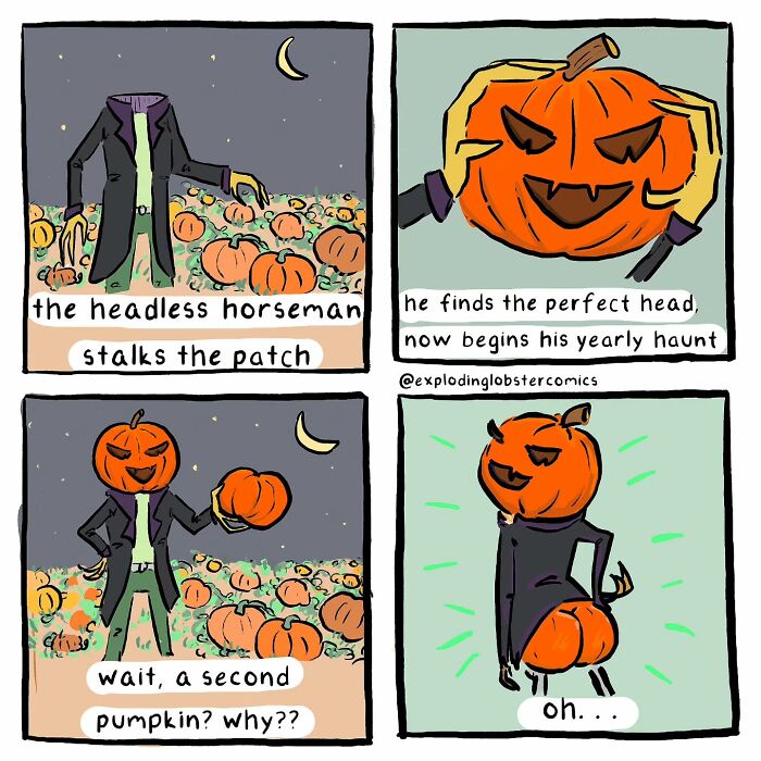 Halloween comic by Exploding Lobster showing a pumpkin-headed figure finding a second pumpkin in a cozy autumn patch.