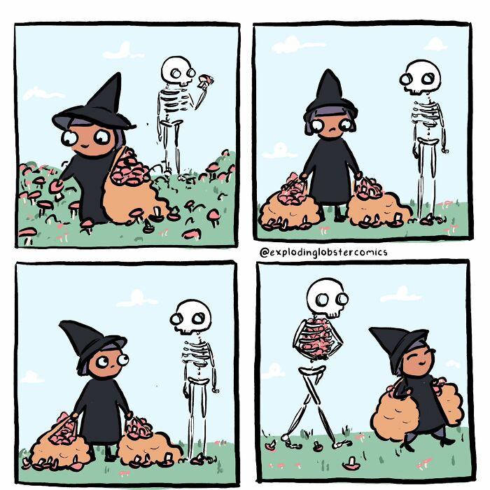 Witch and skeleton characters in a colorful comic by Exploding Lobster full of Halloween laughs and autumn vibes.