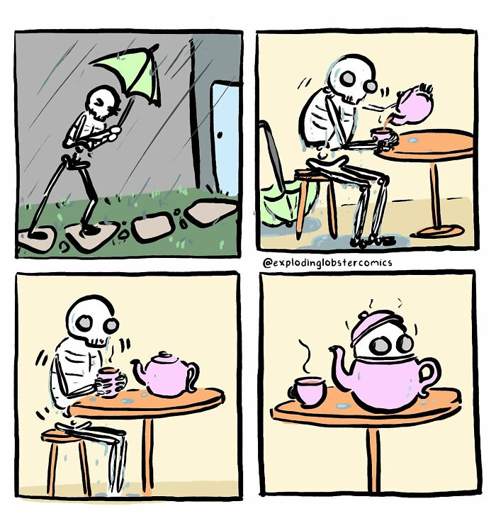 Skeleton character enjoying tea in a whimsical Exploding Lobster comic with cozy autumn and Halloween vibes.