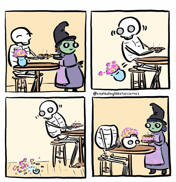Skeleton and witch sharing a cozy autumn moment in an Exploding Lobster comic comic strip with Halloween vibes.